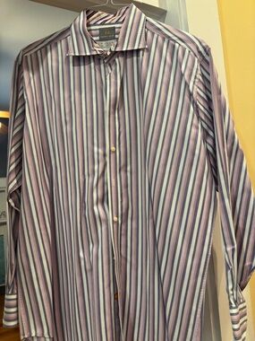 Thomas Dean Blue and Purple Striped Men's Dress Shirt